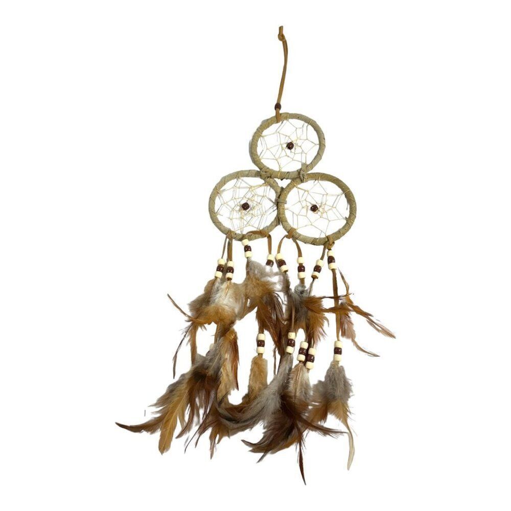 Handmade Triple Ring Dreamcatcher Feathers & Beads Southwest Genuine Vintage